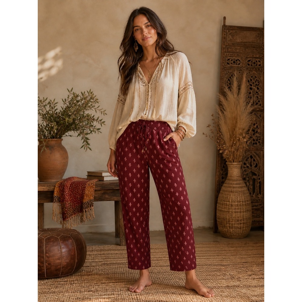 Garnet Hill Burgundy Floral Print Drawstring Pull On Pants Size Medium
